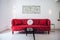 Bold Red Strawberry Pattern Sofa, Contemporary Living Space, Chic Coffee Table, Colorful Pillows