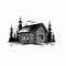 Bold Stencil Style Black And White Log Cabin Illustration