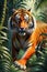 A bold and vibrant art painting of a tiger stalking through the jungle, tree, wild plants, animal design