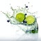 Bold And Vibrant: Lime Slices And Blueberries Splashing Into Water
