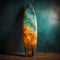 Bold and vibrant surfboard against a dark background, AI generated