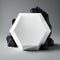 bold white pentagon with geometric shapes fashioned from obsidian podium, empty showcase for packaging product