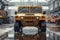 Bold Yellow Off road Vehicle Standing Proud in Rainy Industrial Setting with Fleet of Rugged Trucks in the Background