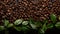 Boldly Textured Coffee Beans And Green Leaves On Dark Background