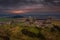 Boldogko, Hungary - Aerial view of dark sky and colorful sunset over Boldogko Castle Boldogko Boldogkovaralja at autumn