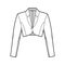 Bolero jacket technical fashion illustration with crop waist length, long sleeves, notched collar, button closure. Flat