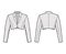 Bolero jacket technical fashion illustration with crop waist length, long sleeves, notched collar, button closure. Flat