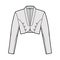 Bolero jacket technical fashion illustration with crop waist length, long sleeves, shawl collar, button closure. Flat