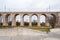 Boleslawiec, Poland. 01/04/2020. Rail viaduct over valley with river Bobr.