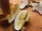 Boletus Eatable Mushroom Slices On The wooden background