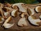 Boletus Eatable Mushroom Slices On The wooden background