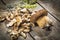 Boletus Edilus mushrooms on a wooden table â€“ fresh and dried