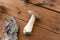 Boletus edulis mushroom and pine bark on wood