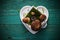 Boletus heart shaped box wooden table