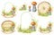 Boletus mushrooms watercolor frame set, big mushroom with grass, spongy mushroom, vegetarian gourmet cuisine, autumn