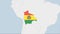 Bolivia map highlighted in Bolivia flag colors and pin of country capital Sucre