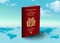 Bolivia Passport on world map with clouds in background