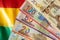 Bolivian currency on the background of the national flag, various banknotes, party with animals. Business and financial concept