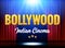 Bollywood Indian Cinema Film Banner. Indian Cinema Logo Sign Design Glowing Element with Stage and Curtains