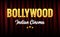 Bollywood Indian Cinema Film Banner. Indian Cinema Logo Sign Design Glowing Element with Stage and Curtains