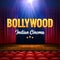 Bollywood Indian Cinema Film Banner. Indian Cinema Logo Sign Design Glowing Element with Stage and Curtains