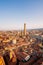 Bologna, high angle view of city and buildings at sunset, Two Towers, Asinelli and Garisenda, Emilia Romagna, italy