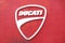 Bologna , Italy 17 June 2018 : close up of the ducati logo located in the production factory of the famous motorcycling