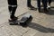 Bologna, Italy - April 22, 2019: Young millennials with skateboards. Low view