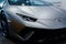 Bologna, Italy - December 9, 2019: Original Lamborghini Huracan Performante. Logo and front grill, headlights. Luxury stylish car.