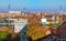 Bologna street sign aerial panorama view city up hill San Luca sanctuary archway Colli Bolognesi