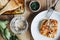 Bolognese lasagna served on a plate and lasagna dish