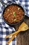 Bolognese ragout in skillet, top view