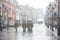 Bolshaya Pokrovskaya street in Nizhny Novgorod during a snowfall masks a military patrol