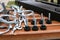 Bolts, fastening, rope lying on a wooden bench