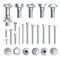 Bolts screws metal pins with different head slot and thread vector icons