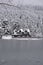 Bolu Golcuk National Park, lake wooden house on a snowy winter day in the forest in Turkey