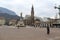 Bolzano, South Tyrol, Italy - January 27, 2019: Piazza Walther with tourists at the Monument to the poet Walther von der