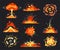 Bomb explosion and blast cartoon fiery set. Comic book bang  clash  pow  crash effects. Fire flame  smoke clouds  burst spreading