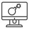 Bomb on monitor line icon. Hacked computer with dynamite, virus on screen symbol, outline style pictogram on white