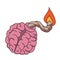 Bomb shaped brain with burning fuse. Mental health or brainstorm concept