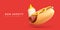 Bon appetit banner with 3d realistic hotdog and mustard bottle on red background. Vector illustration