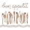 Bon appetit, a handwritten phrase . Cutlery on the tablecloth. Vector illustration, calligraphy