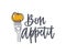 Bon Appetit phrase handwritten with cursive calligraphic font and decorated by tomato on fork. Elegant lettering and