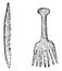 Bone harpoon, Bone comb from Denmark, vintage engraving