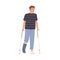 Bone injury or fracture of young patient. Man walking with crutches and gypsum on broken leg. Rehabilitation and