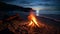 Bonfire on the beach at night in the moonlight. 3d rendering, AI Generated