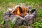 Bonfire in the circle of stones in the forest