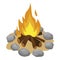 Bonfire fenced with stones cartoon icon. Campfire, burning fuelwood, woodpile.