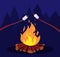 Bonfire and marshmallow. Friends in night camping at campfire. Marshmallow vector concept