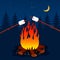 Bonfire and marshmallows on sticks. dessert in the forest. concept of camping and picnic in nature. illustration
